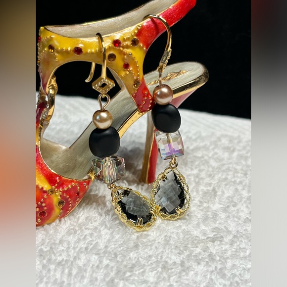 🖤🦋925 plated drop earring gorgeous CZ ZIRCON black faceted drop - Picture 4 of 8